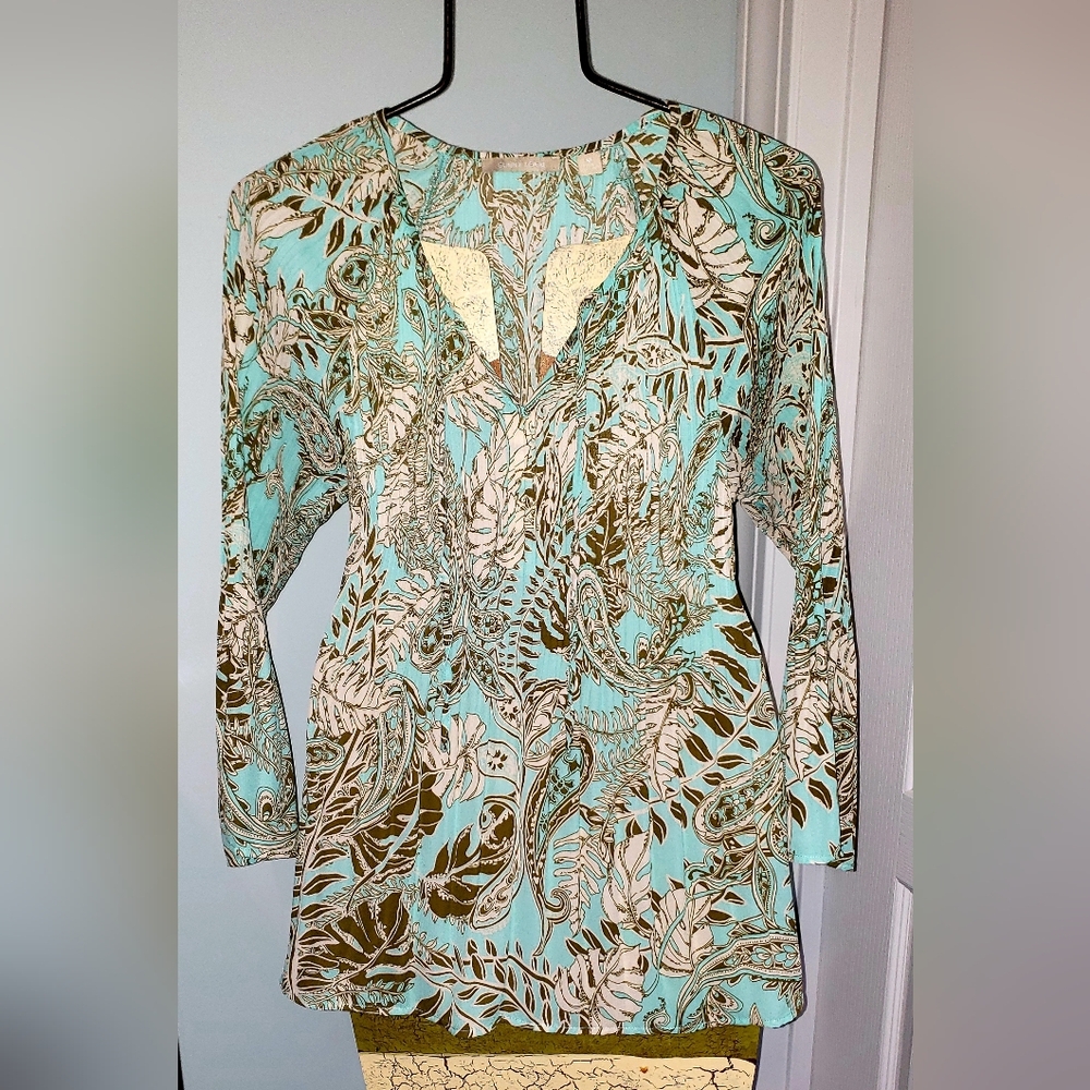 Sunny Leigh Aqua, Pleated, Olive & Cream Paisley Blouse Medium, Like New!